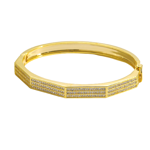 Bratara tip Bangle fixa, model geometric cu strasuri din pietre zirconiu, otel inoxidabil, prindere cu magnet, inchidere cu siguranta, placata cu aur 18K, Tessero, auriu [1]