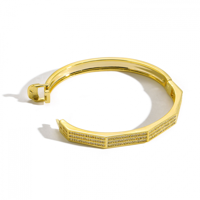 Bratara tip Bangle fixa, model geometric cu strasuri din pietre zirconiu, otel inoxidabil, prindere cu magnet, inchidere cu siguranta, placata cu aur 18K, Tessero, auriu [2]