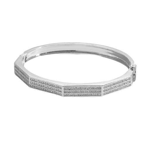 Bratara tip Bangle fixa, model geometric cu strasuri din pietre zirconiu, otel inoxidabil, prindere cu magnet, inchidere cu siguranta, placata cu aur 18K, Tessero, argintiu [2]