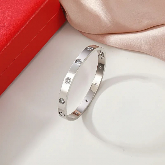 Bratara tip Bangle fixa reglabila cu surubelnita, pietre zirconiu, otel inoxidabil, prindere cu magnet, placata cu aur 18K, Tessero, argintiu [2]