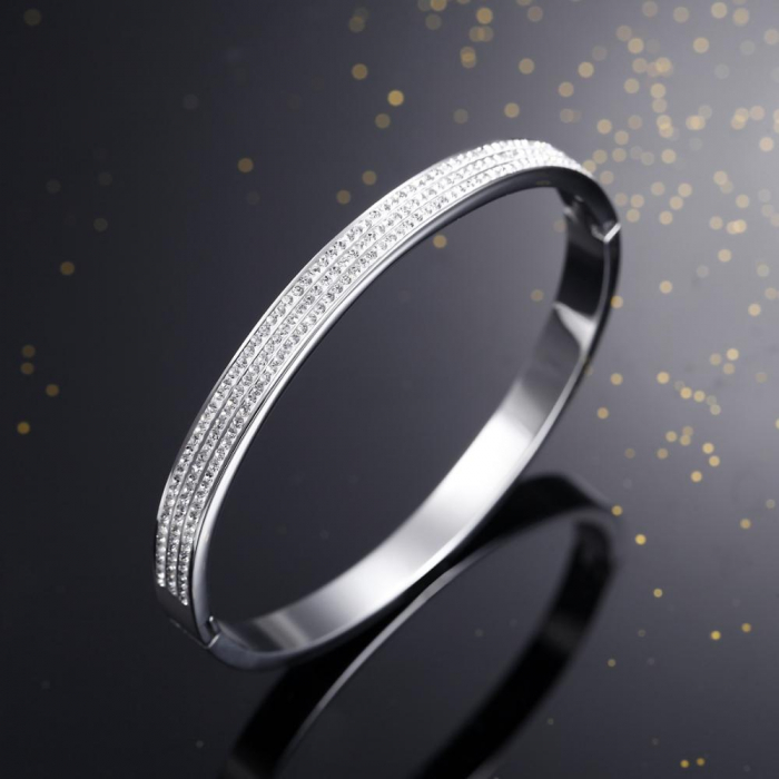 Bratara tip Bangle fixa, strasuri din pietre zirconiu, otel inoxidabil, placata cu aur 24K, argintiu [1]