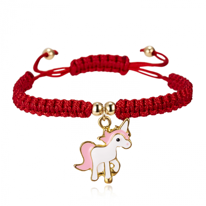 Bratara tip snur lucrata manual cu pandantiv in forma de unicorn, marime reglabila, rosu [1]