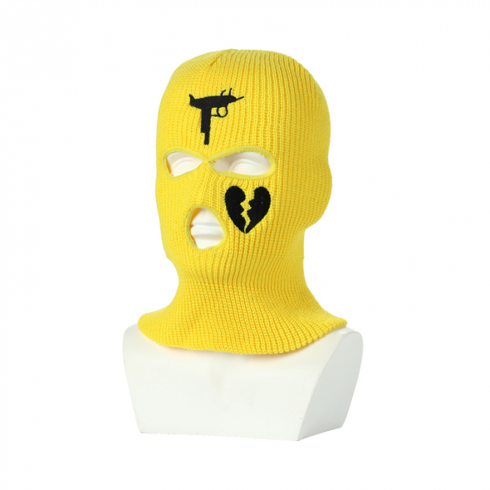 Cagula Hip hop tip Balaclava unisex, brodat cu arma de foc si inima franta, marime universala, trei gauri, Tessero, galben [1]