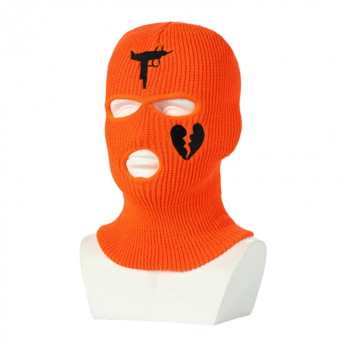 Cagula Hip hop tip Balaclava unisex, brodat cu arma de foc si inima franta, marime universala, trei gauri, Tessero, portocaliu [1]