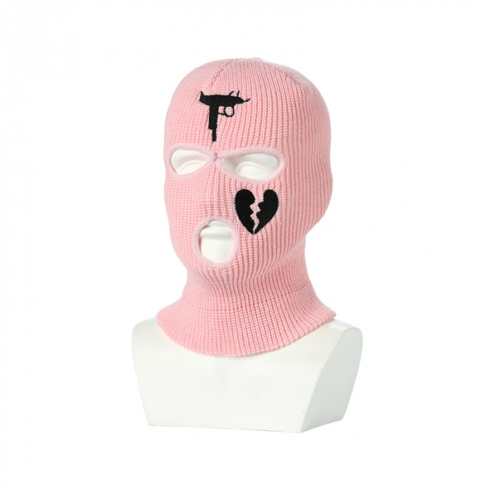 Cagula Hip hop tip Balaclava unisex, brodat cu arma de foc si inima franta, marime universala, trei gauri, Tessero, roz [1]