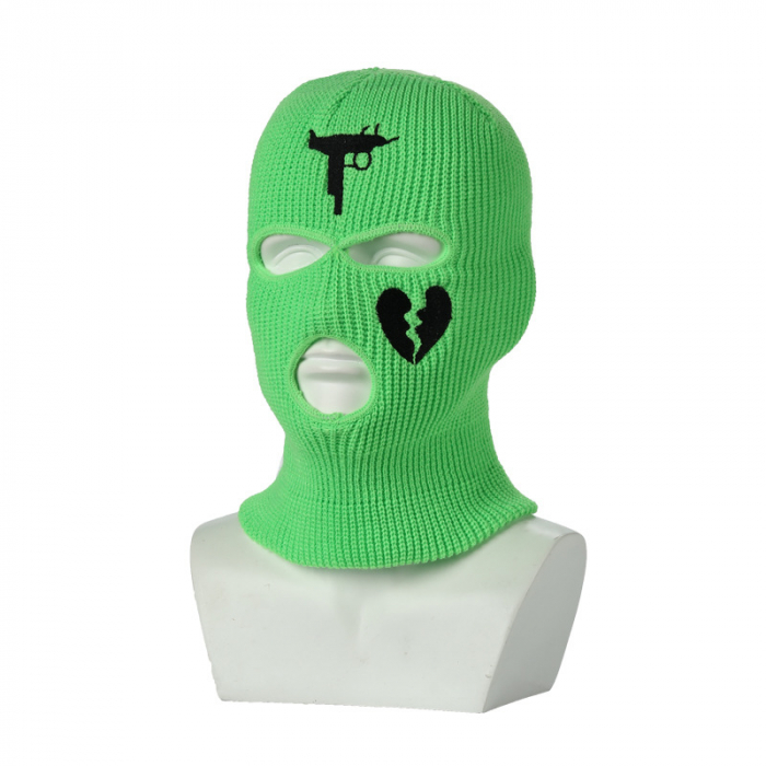 Cagula Hip hop tip Balaclava unisex, brodat cu arma de foc si inima franta, marime universala, trei gauri, Tessero, verde [1]
