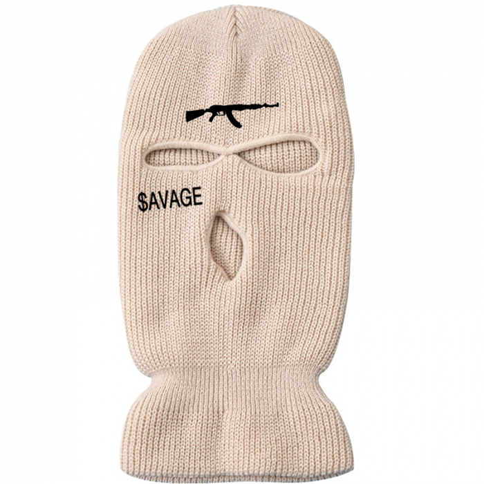 Cagula Hip hop tip Balaclava unisex, brodat cu model cu AK47, Savage, marime universala, trei gauri, Tessero, alb [1]