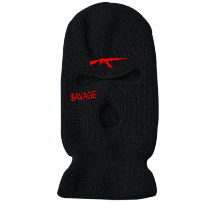 Cagula Hip hop tip Balaclava unisex, brodat cu model cu AK47, Savage, marime universala, trei gauri, Tessero, negru [1]