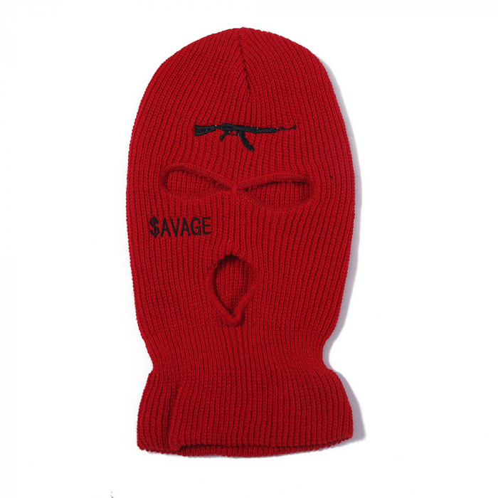 Cagula Hip hop tip Balaclava unisex, brodat cu model cu AK47, Savage, marime universala, trei gauri, Tessero, rosu [1]