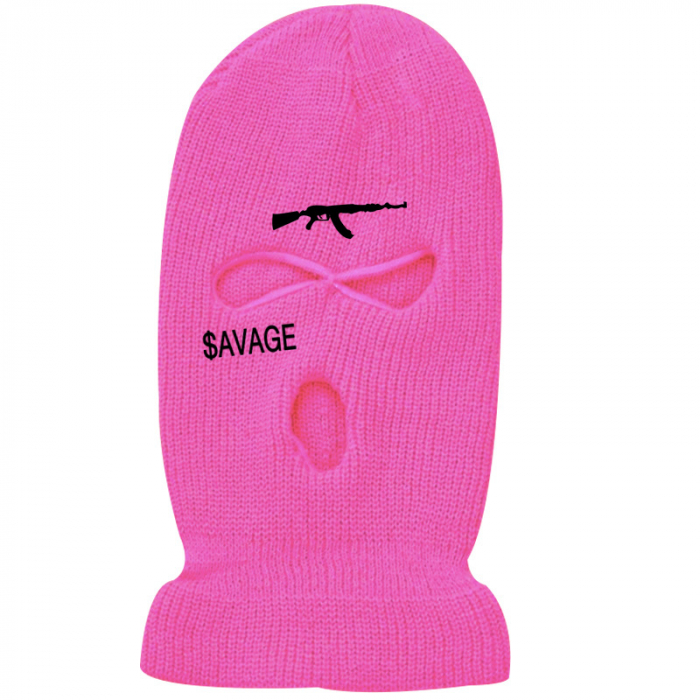 Cagula Hip hop tip Balaclava unisex, brodat cu model cu AK47, Savage, marime universala, trei gauri, Tessero, roz aprins [1]
