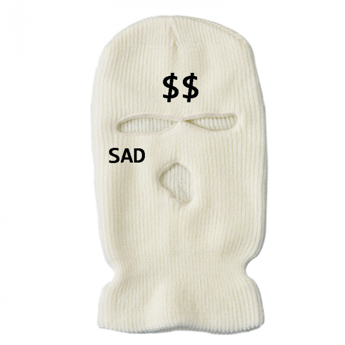 Cagula Hip hop tip Balaclava unisex, brodat cu model SAD si semn dolar, marime universala, trei gauri, Tessero, alb [1]