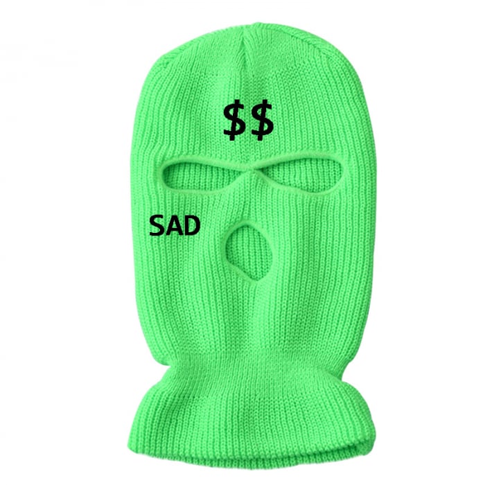 Cagula Hip hop tip Balaclava unisex, brodat cu model SAD si semn dolar, marime universala, trei gauri, Tessero, verde [2]