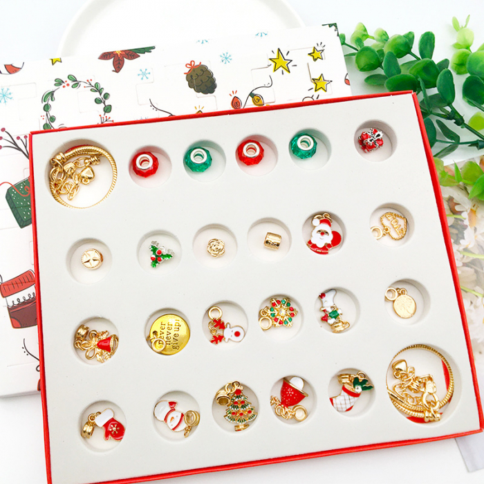 Calendar Advent DIY cu tematica de Craciun, bijuterii de dama, bratara cu charmuri, placata cu aur 18K, marime reglabila, Tessero, auriu [3]