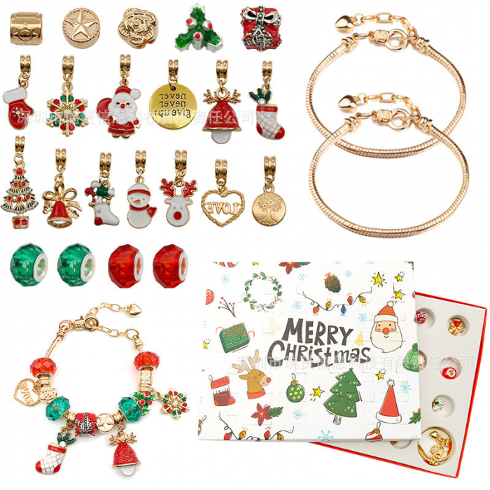 Calendar Advent DIY cu tematica de Craciun, bijuterii de dama, bratara cu charmuri, placata cu aur 18K, marime reglabila, Tessero, auriu [1]
