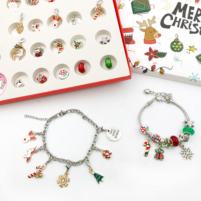 Calendar Advent DIY cu tematica de Craciun, bijuterii de dama, cercei si bratari cu charmuri, placata cu aur 18K, marime reglabila, Tessero, argintiu [4]