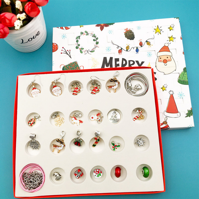 Calendar Advent DIY cu tematica de Craciun, bijuterii de dama, cercei si bratari cu charmuri, placata cu aur 18K, marime reglabila, Tessero, argintiu [3]