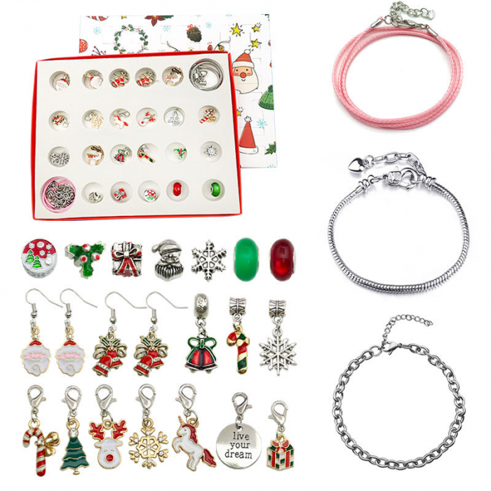 Calendar Advent DIY cu tematica de Craciun, bijuterii de dama, cercei si bratari cu charmuri, placata cu aur 18K, marime reglabila, Tessero, argintiu [2]