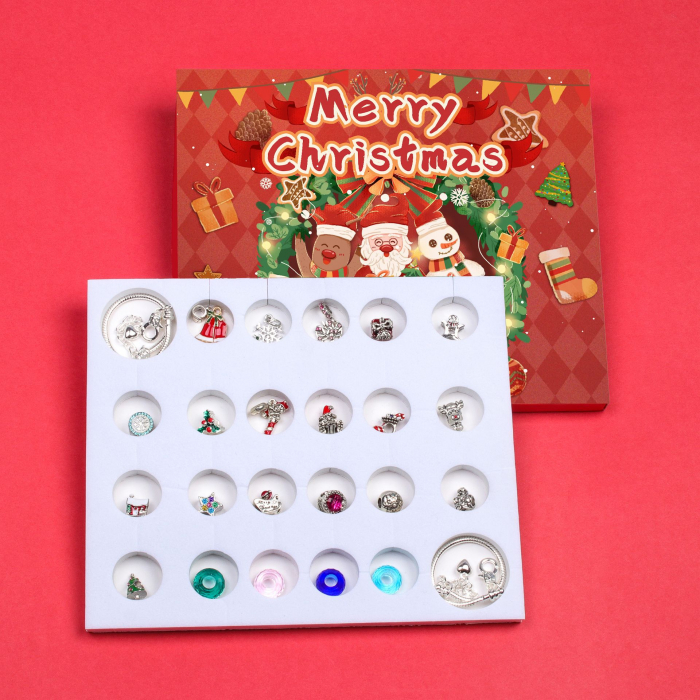 Calendar Advent DIY cu tematica de Craciun, set doua bratari cu charm-uri, placate cu aur 18K, pietre zirconiu, marime reglabila, Tessero, argintiu [2]