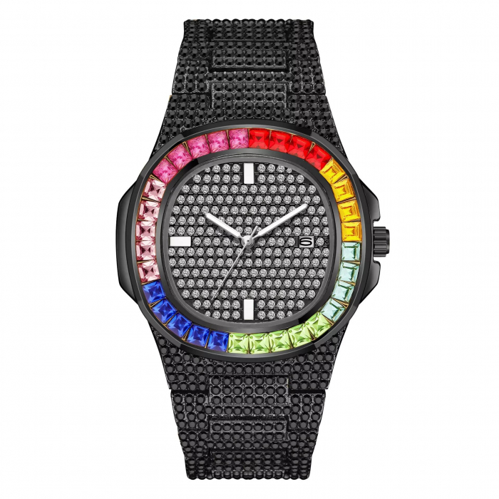 Ceas analog Ice out, mecanism quartz, insertii zirconiu multicolore, placat cu aur 18K, Tessero, negru [2]