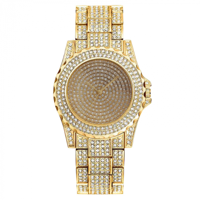 Ceas analog rotund Iced out, mecanism quartz, insertii zirconiu, placat cu aur 18K, auriu [1]