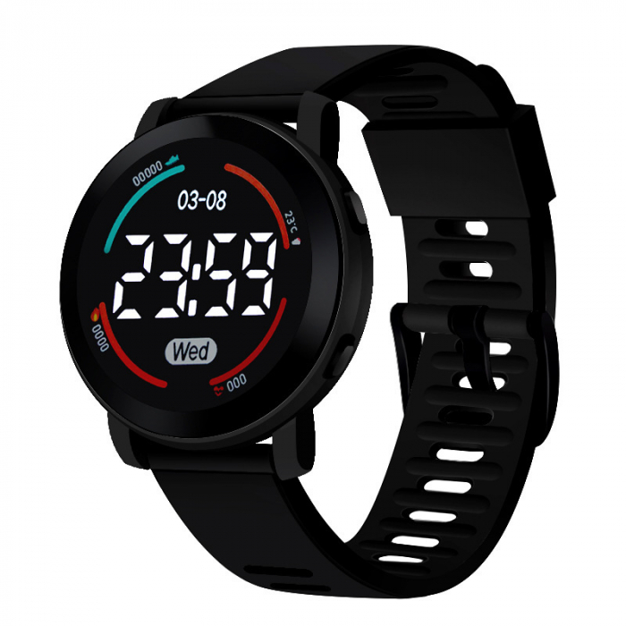 Ceas de mana rotund digital, mecanism quartz, curea silicon, unisex, Tessero, negru [1]