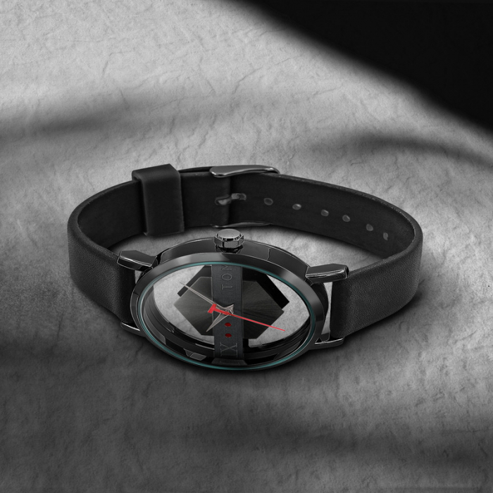Ceas de mana transparent cu sticla dubla, analog, mecanism quartz, curea din piele naturala, unisex, negru [3]