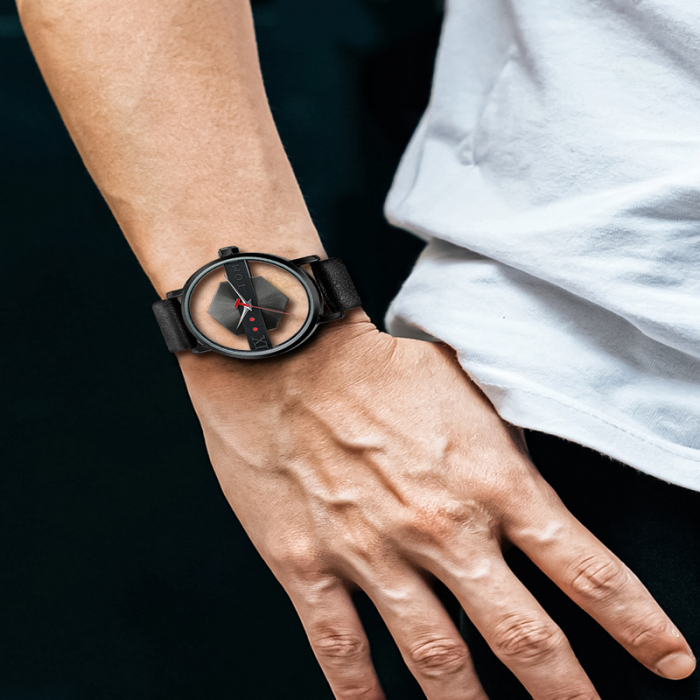 Ceas de mana transparent cu sticla dubla, analog, mecanism quartz, curea din piele naturala, unisex, negru [4]