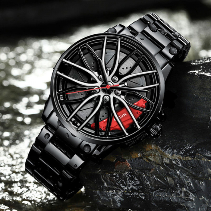 Ceas de mana Wheel, model in forma de janta cu etrier auto, mecanism quartz, otel inoxidabil, Tessero, negru [2]