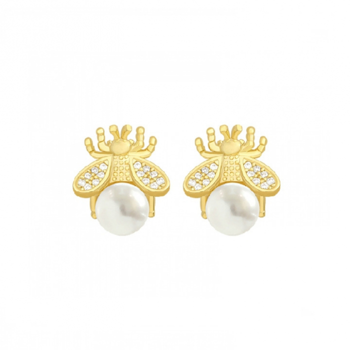 Cercei de dama in forma de albinuta cu perla alba, placat cu aur 18K si pietre zirconiu, auriu [1]