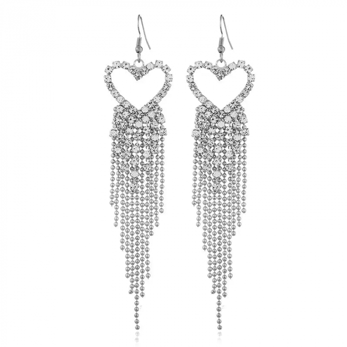 Cercei de dama lungi cu model in forma de inimioare, decorate cu pietre zirconiu, placat cu aur 18K, Tessero, argintiu [2]