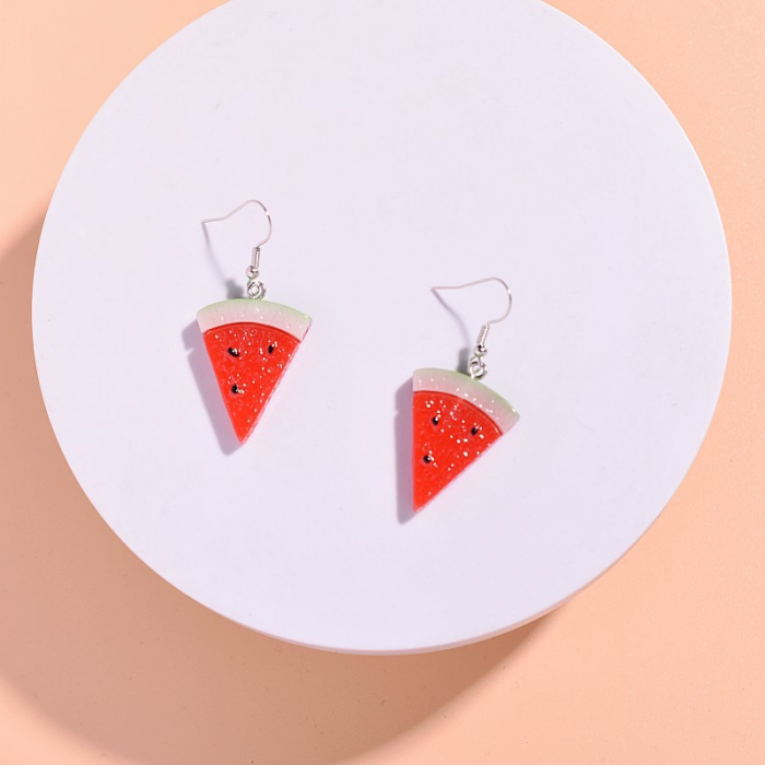 Cercei de dama triunghiulari tip Drop, model in forma de felii de pepene rosu, Tessero, argintiu si rosu [1]