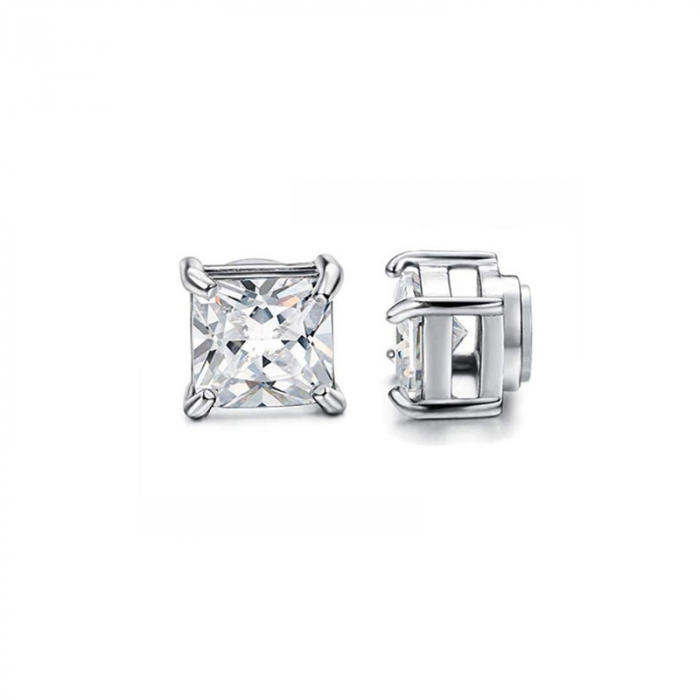 Cercei falsi pentru ureche, model tip Stud patrat, pietre zirconiu, placat cu aur 18K, prindere cu magnet, unisex, Tessero, argintiu [1]