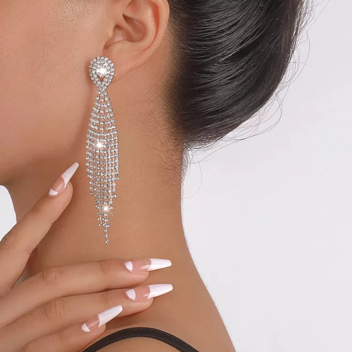 Cercei lungi de dama, model elegant, pietre zirconiu, placat cu aur 18K, argintiu [2]