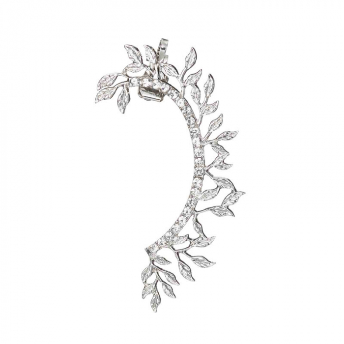 Cercel pentru toata urechea, tip ear cuff, model cu frunze, pietre zirconiu, pentru partea stanga, placat cu aur 18K, argintiu [2]