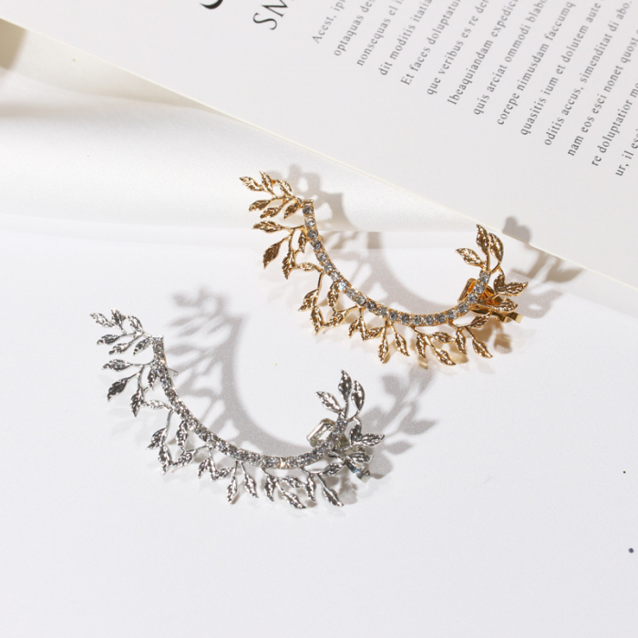 Cercel pentru toata urechea, tip ear cuff, model cu frunze, pietre zirconiu, pentru partea stanga, placat cu aur 18K, argintiu [1]