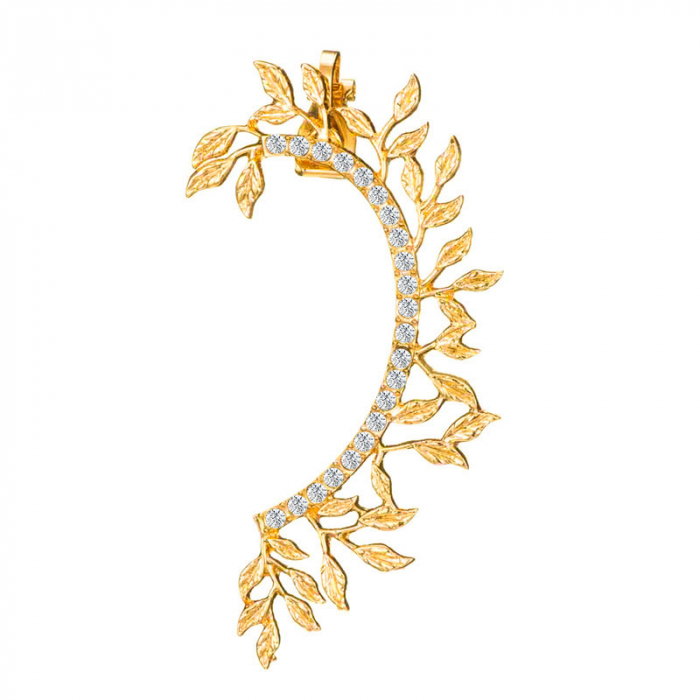 Cercel pentru toata urechea, tip ear cuff, model cu frunze, pietre zirconiu, pentru partea stanga, placat cu aur 18K, auriu [1]