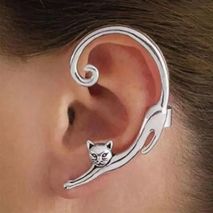Cercel pentru urechea stanga model tip Earcuff in forma de pisicuta, placat cu argint, Tessero, argintiu [2]