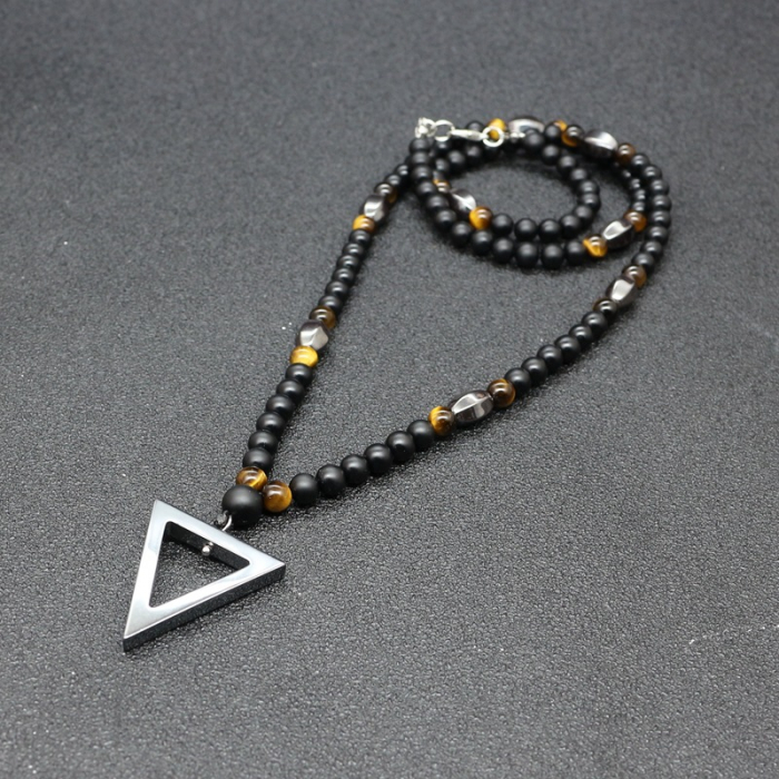Colier barbatesc din pietre semipretioase naturale hematit si tiger eye, cu pandantiv in forma de triunghi, Tessero, 60 cm, onix, negru [3]