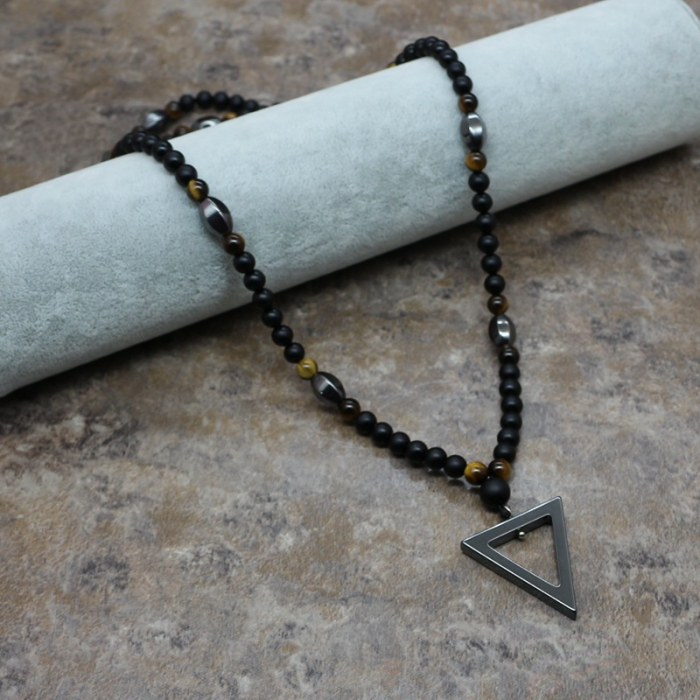 Colier barbatesc din pietre semipretioase naturale hematit si tiger eye, cu pandantiv in forma de triunghi, Tessero, 60 cm, onix, negru [4]