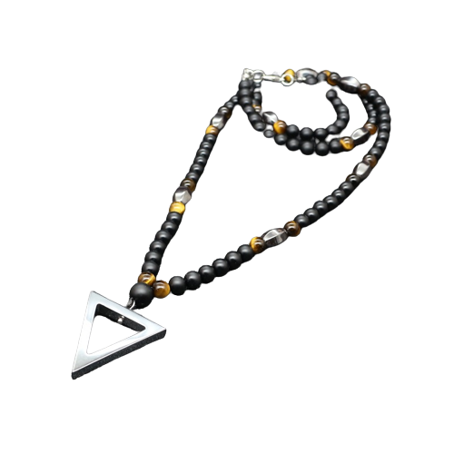 Colier barbatesc din pietre semipretioase naturale hematit si tiger eye, cu pandantiv in forma de triunghi, Tessero, 60 cm, onix, negru [1]
