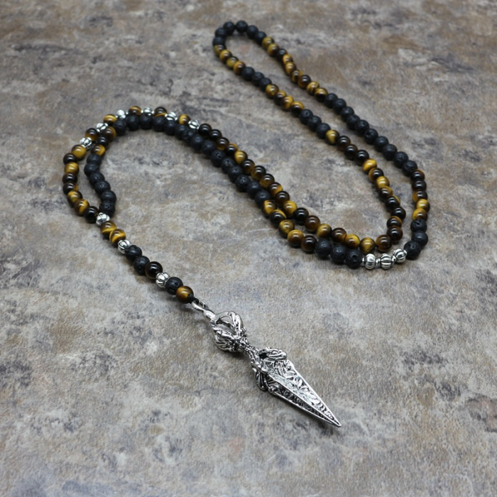 Colier barbatesc din pietre semipretioase naturale hematit si tiger eye, cu pandantiv in forma de varf de sageata, Tessero, 60 cm, onix, negru [4]