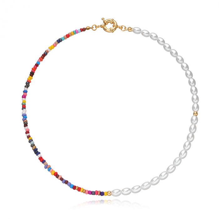 Colier baza gatului margele colorate si perle, 45 cm, inchizatoare aurie [4]
