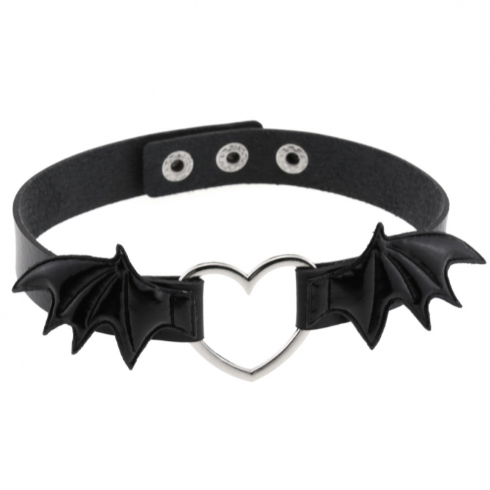 Colier Choker baza gatului de dama, model Punk in forma de inima cu aripi, piele ecologica, marime reglabila, inchidere clips, Tessero, negru [1]