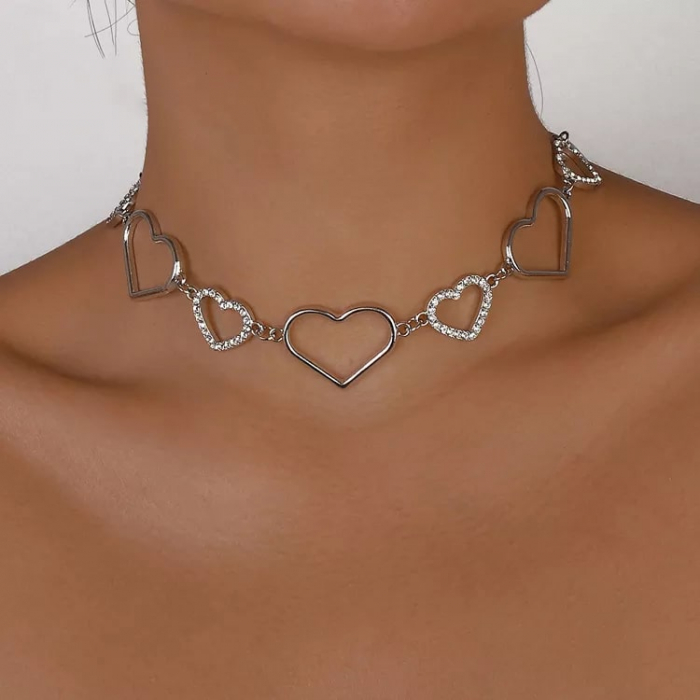 Colier Choker baza gatului de dama, modele in forma de inimioare, placat cu argint, pietre zirconiu, Tessero, argintiu [4]