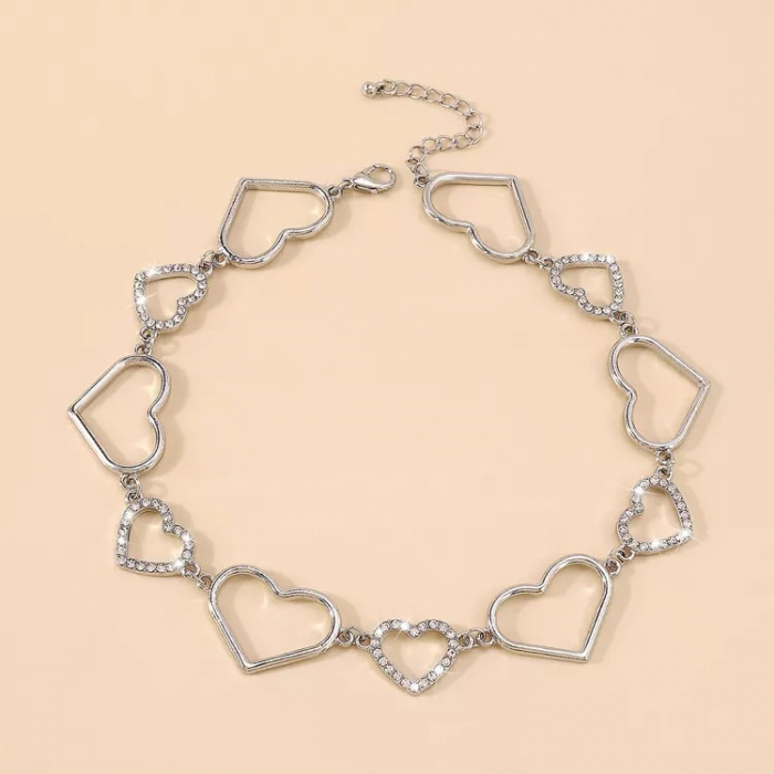 Colier Choker baza gatului de dama, modele in forma de inimioare, placat cu argint, pietre zirconiu, Tessero, argintiu [2]