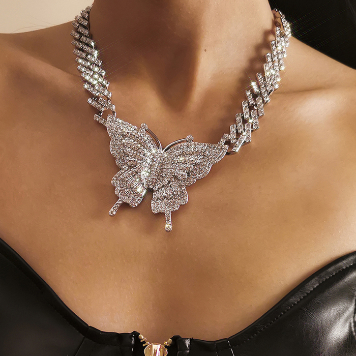 Colier Cuban Chain Choker de dama cu pandantiv fluture, pietre din zirconiu, placat cu aur 18K, argintiu [4]