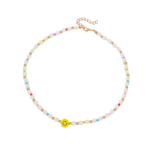 Colier de dama din margele, perle si bilute multicolore, pandantiv cu fata zambitoare, 45 cm, Tessero, alb [3]