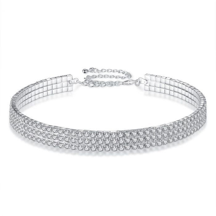 Colier de dama tip Tennis cu trei randuri, strasuri din pietre zirconiu, placat cu aur 18K, Tessero, argintiu [1]