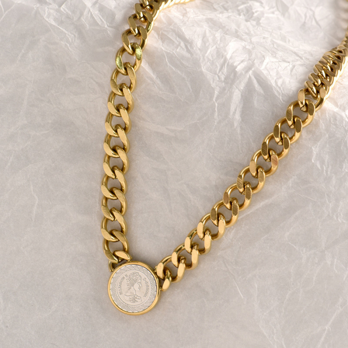 Colier Lant Cuban Chain cu pandantiv moneda, placat cu aur 18K, auriu [2]