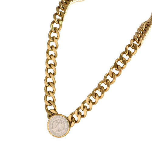 Colier Lant Cuban Chain cu pandantiv moneda, placat cu aur 18K, auriu [3]